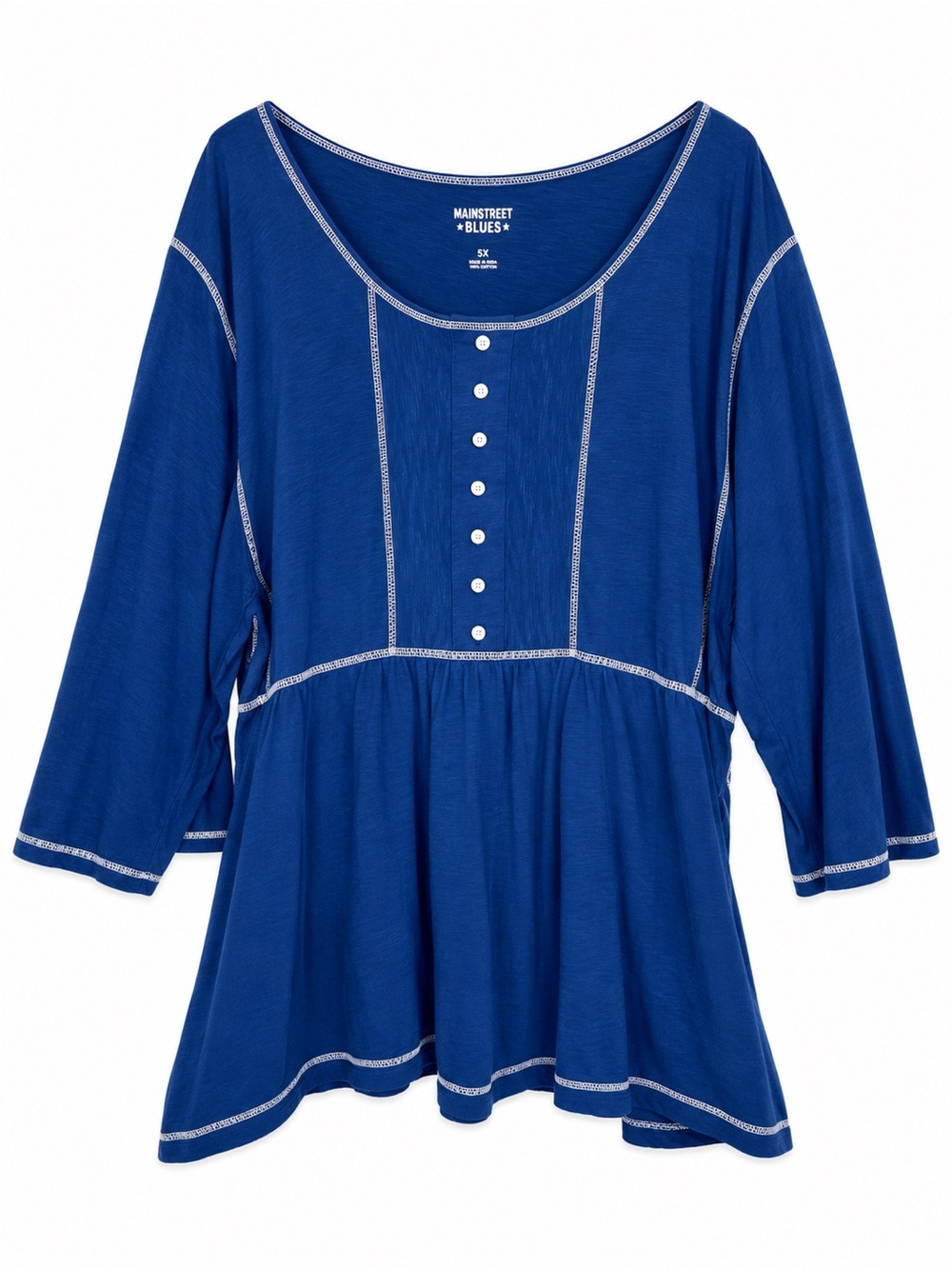 Mainstreet Blues Women’s Blue Contrast Stitch Tunic Top Size 5X